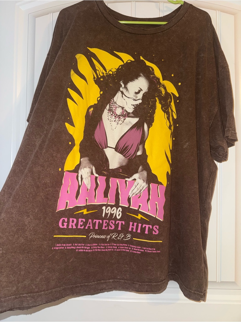 Aaliyah 1996 Greatest Hits Graphic Tee - Brown with Pink & Yellow